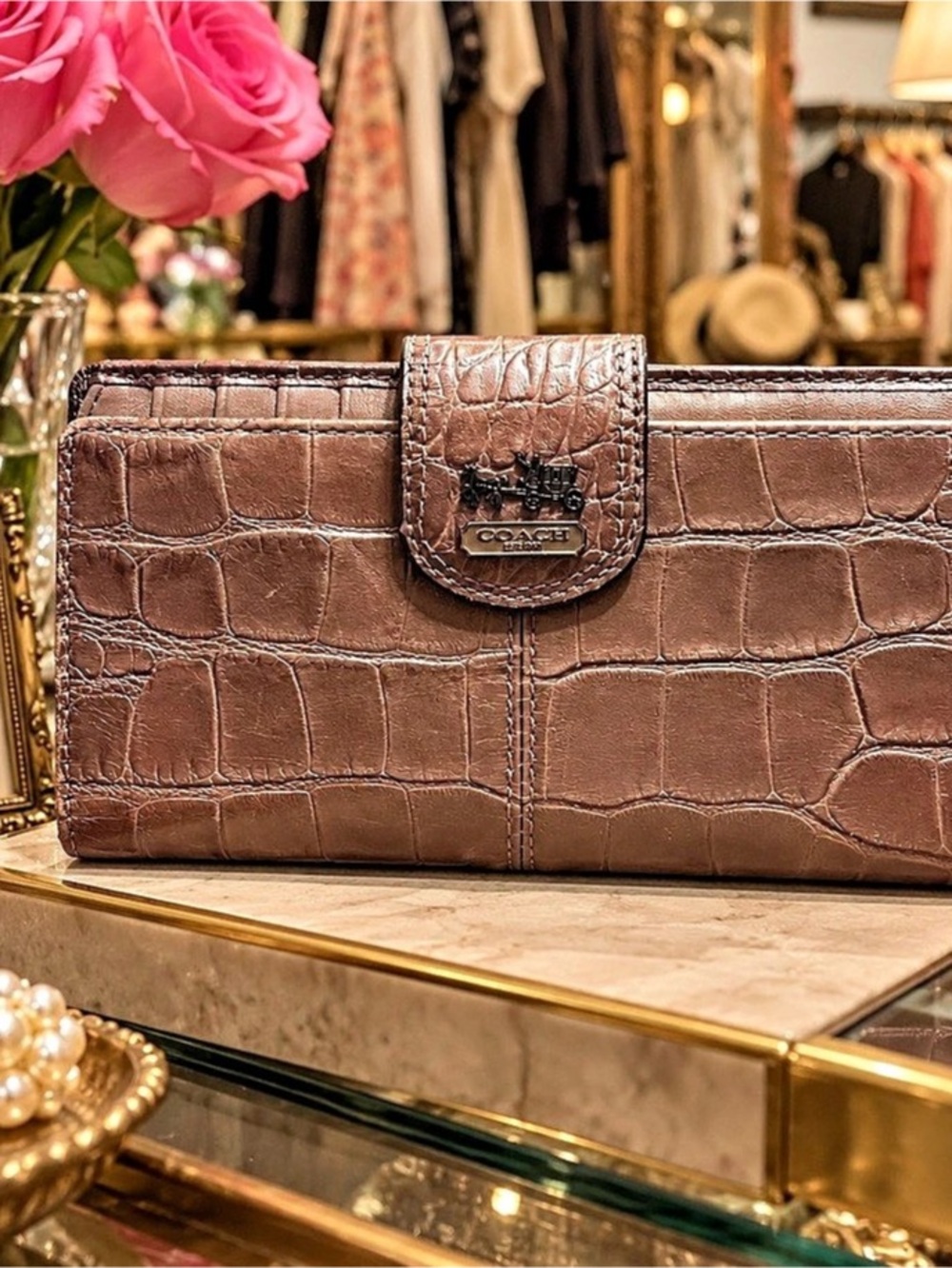 Coach Metallic Croc Embossed Long Wallet Pink